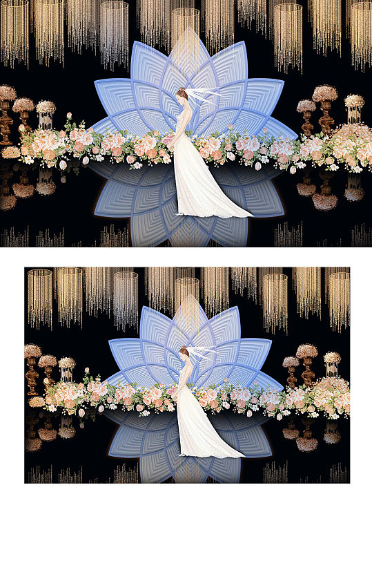 欧式大气简约婚礼效果图莲花蓝色金色背景板-众图网