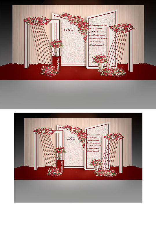 香槟色红色婚礼留影区合影迎宾背景板-众图网