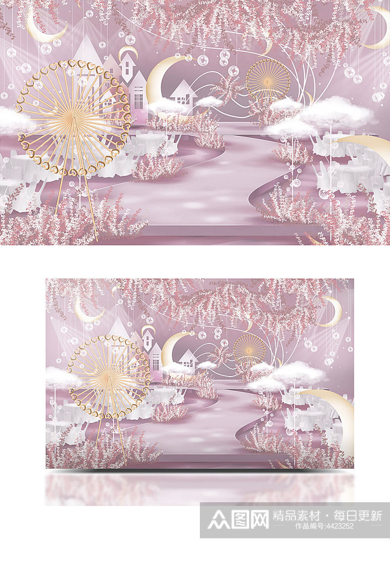 梦幻粉金色系公主风城堡月亮主题婚礼效果图素材