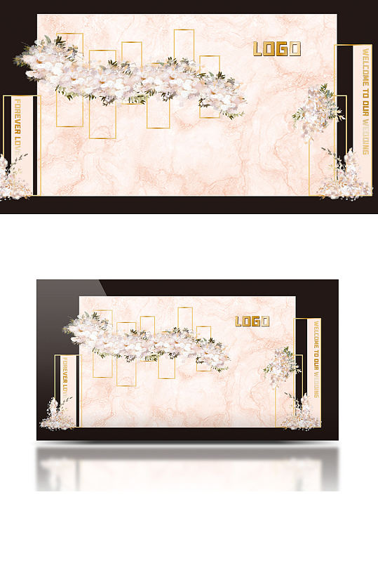 韩式粉色大理石婚礼背景签到香槟色合影背景