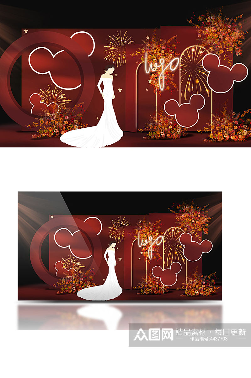 红橙色梦幻婚礼合影区大气米老鼠可爱背景板素材