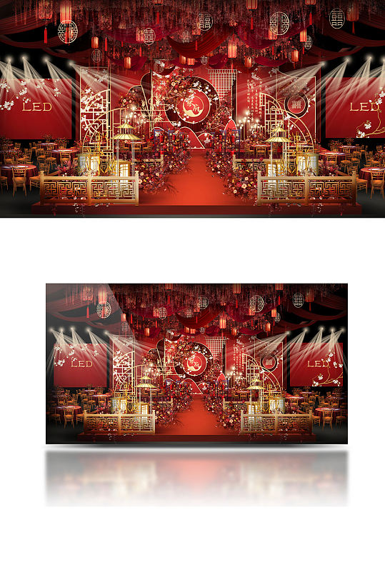 原创中式婚礼舞台全景红金色仪式区喜庆-众图网