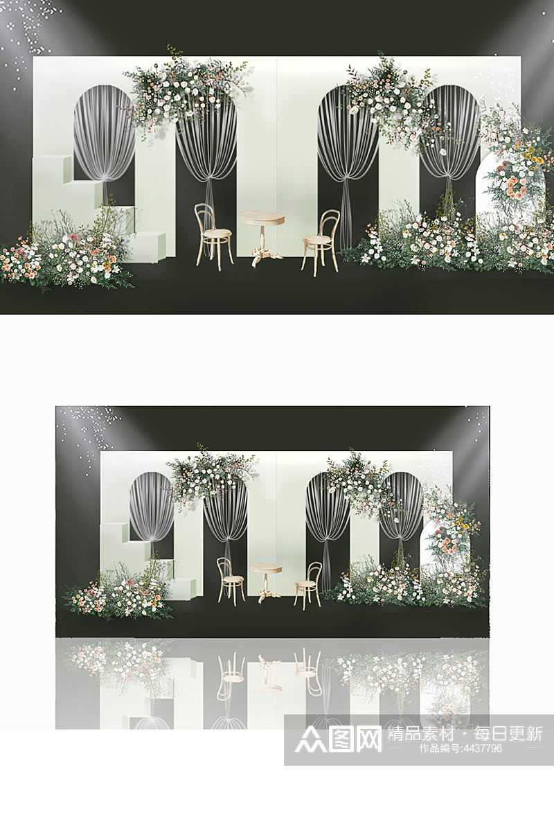 手绘绿色小清新婚礼迎宾区效果图合影背景板素材