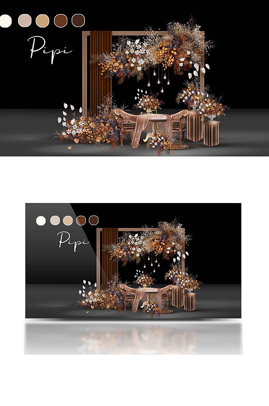 复古咖色婚礼合影区木质甜品台浪漫-众图网