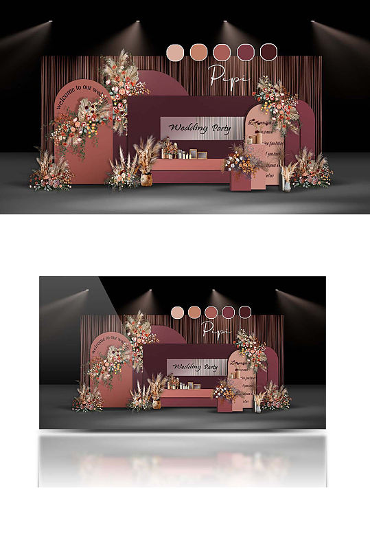 复古酱红色莫兰迪婚礼效果图舞台合影背景板-众图网
