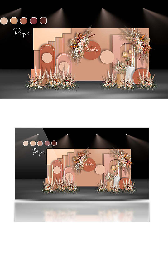 莫兰迪橙色系几何婚礼效果图合影背景板-众图网