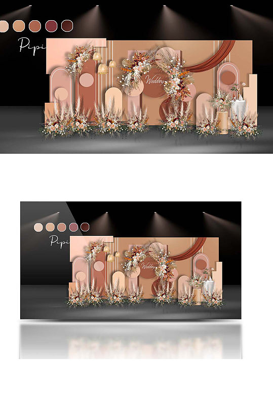 秋色莫兰迪几何婚礼效果图合影背景板复古-众图网