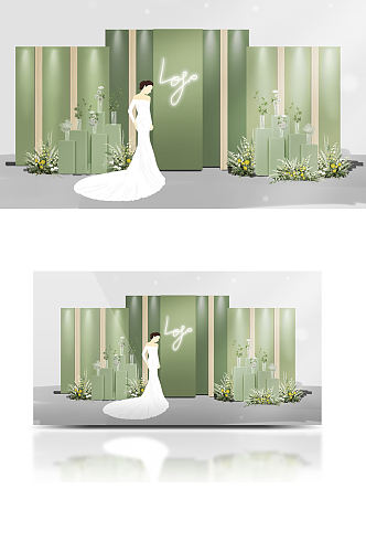 小清新韩式渐变绿色婚礼手绘合影浪漫背景板