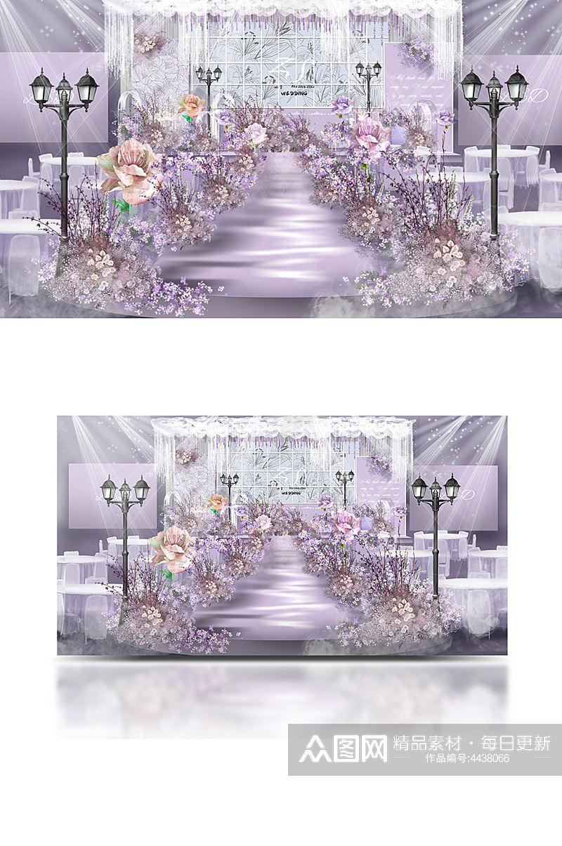 原创淡紫色莫奈花园舞台梦幻唯美仪式区素材