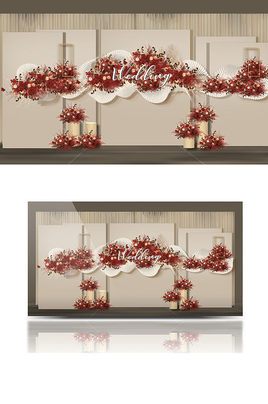 香槟色酒红色婚礼设计合影背景板浪漫温馨-众图网