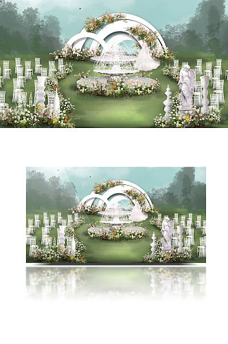 户外花园风拱形婚礼效果图喷泉欧式草坪白绿