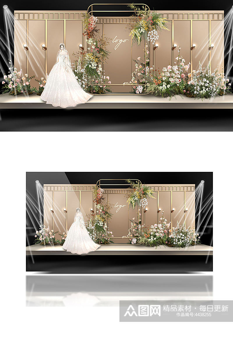 韩式香槟色婚礼主舞台合影背景板浪漫迎宾素材