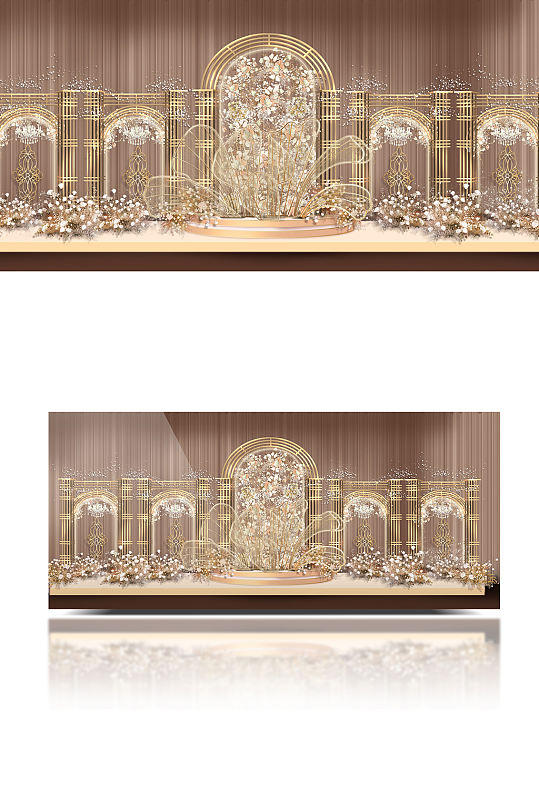 香槟色古典主舞台效果图金色铁艺合影背景板
