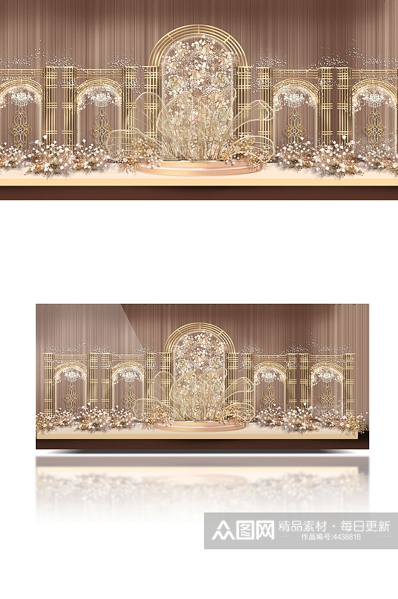 香槟色古典主舞台效果图金色铁艺合影背景板素材