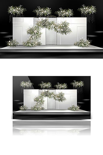 韩式婚礼主舞台效果图白绿色背景板简约合影