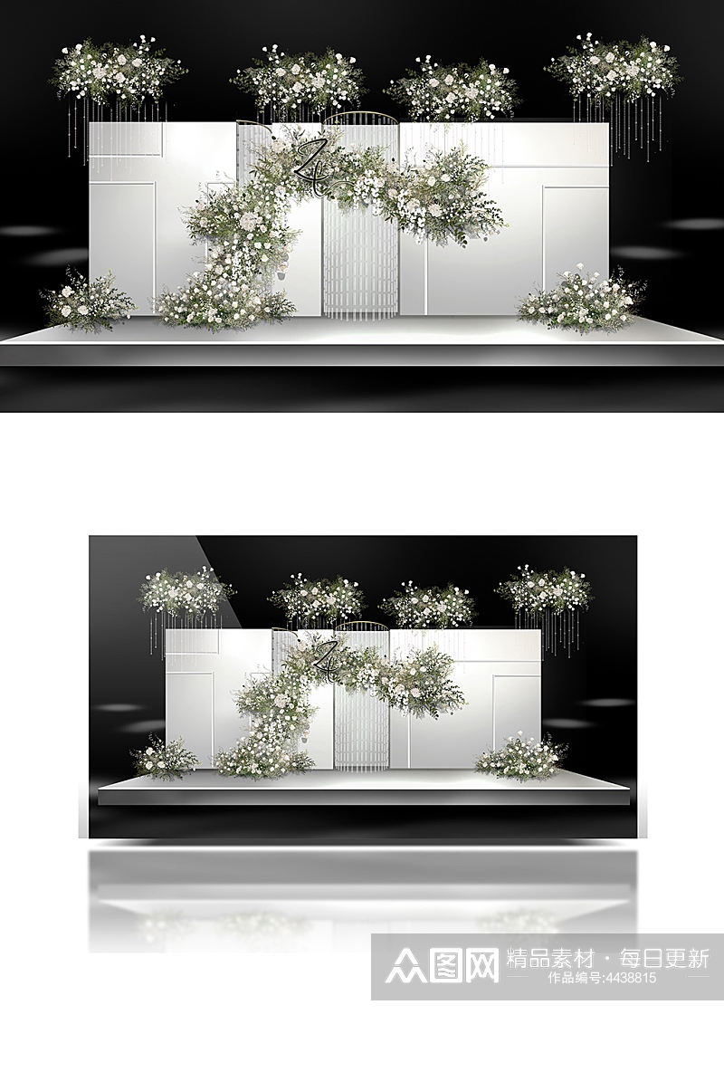 韩式婚礼主舞台效果图白绿色背景板简约合影素材