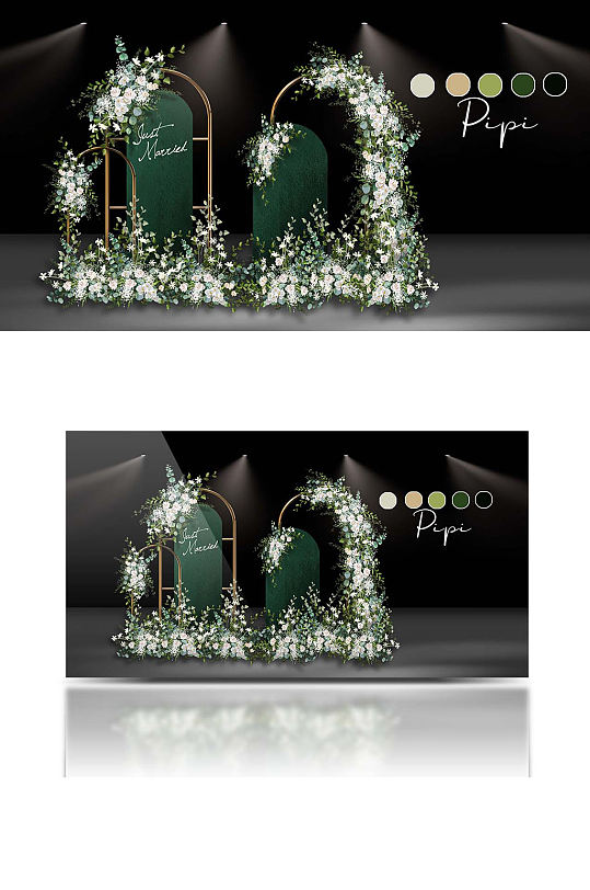 绿色森系婚礼效果图墨绿色花艺背景板合影-众图网