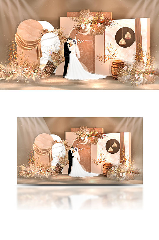 原创美式小众婚礼手绘效果图复古咖啡色背景-众图网