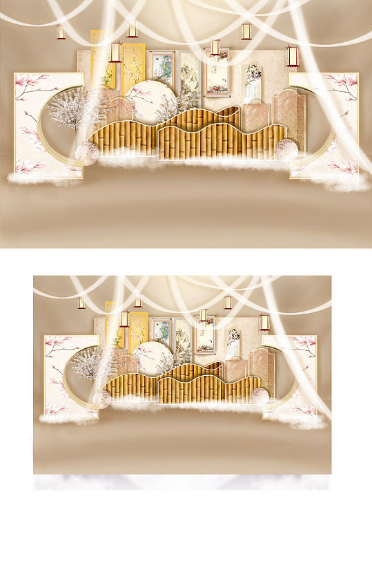 香槟色新中式婚礼效果图合影背景板轻奢-众图网