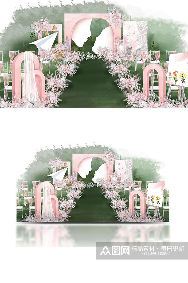 粉色户外婚礼效果图草坪浪漫舞台仪式区素材