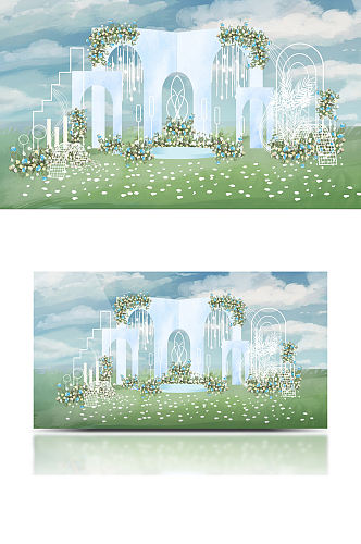 简约蓝色户外婚礼设计草坪清新合影背景板