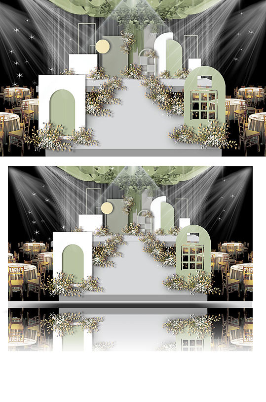 白色婚礼效果图设计舞台仪式区绿色清新-众图网