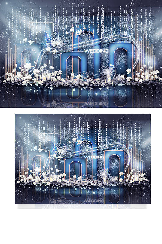 新中式婚礼合影区效果图迎宾蓝色梦幻背景板-众图网