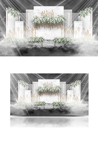 清新简约白色大理石婚礼效果图合影背景板