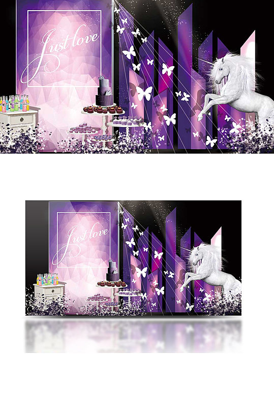 紫色甜品婚礼效果图梦幻浪漫合影背景板-众图网