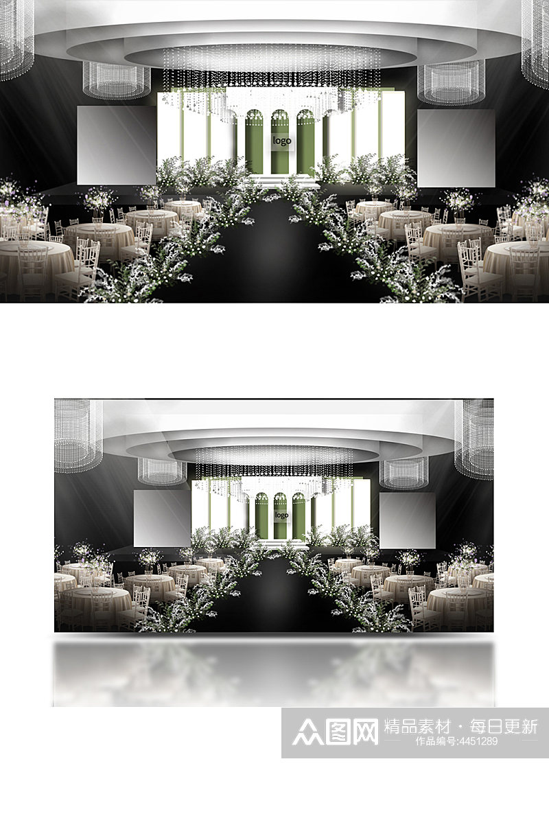 韩式白绿现代简约婚礼舞台效果图仪式区素材