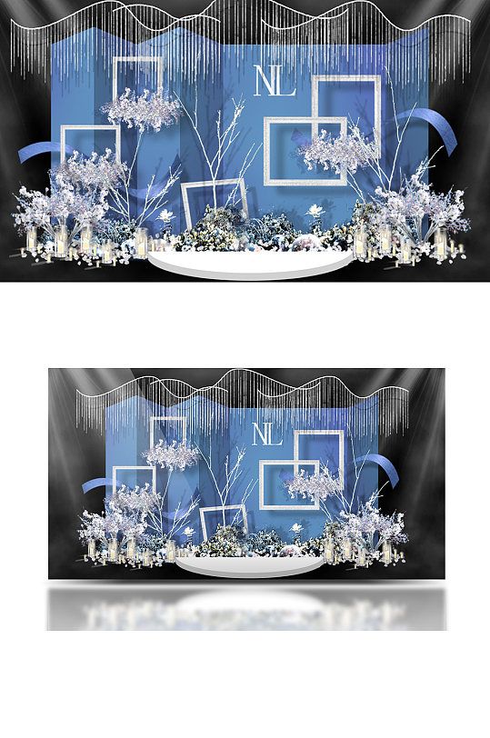 蓝白色婚礼迎宾区效果图合影背景板温馨