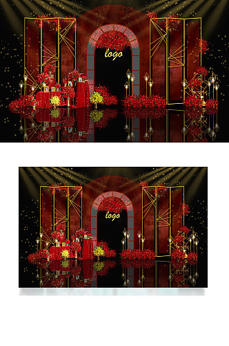 中式红色古风婚礼效果图合影迎宾背景板