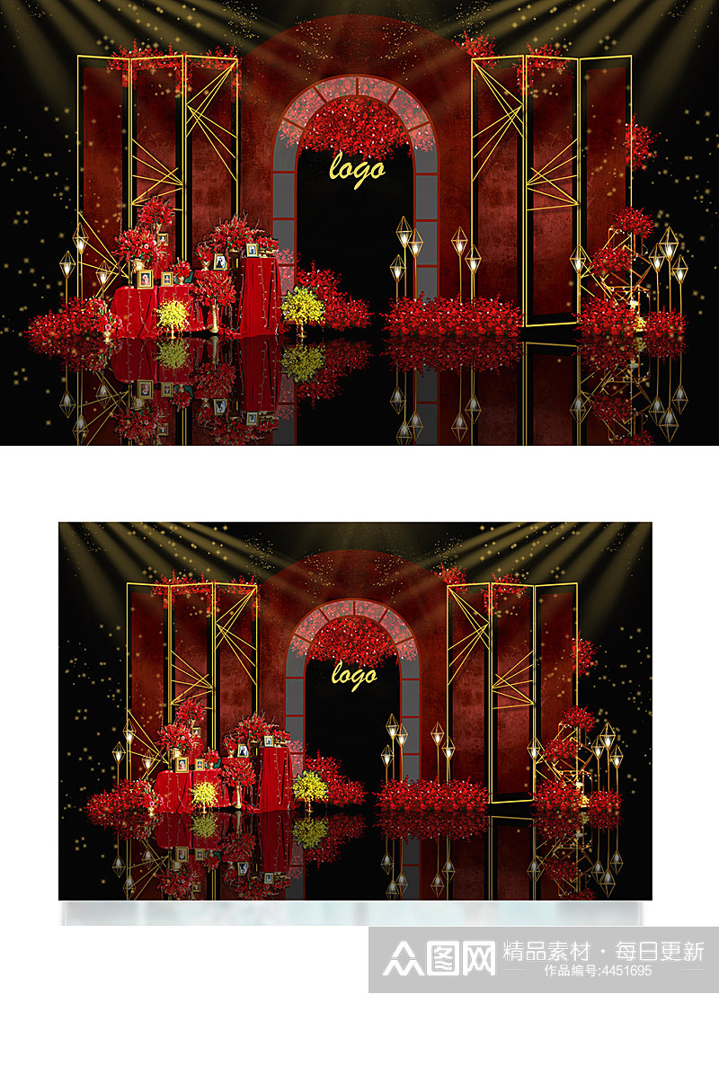 中式红色古风婚礼效果图合影迎宾背景板素材