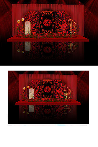 红黑撞色汉唐婚礼迎宾区背景板新中式合影