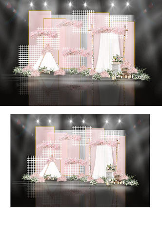 粉色优雅铁网纱幔透明帷幕婚礼效果图背景板