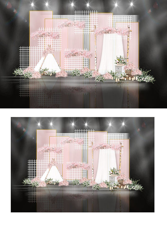 粉色优雅铁网纱幔透明帷幕婚礼效果图背景板