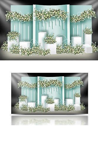绿色简约婚礼效果图设计梦幻清新舞台背景板