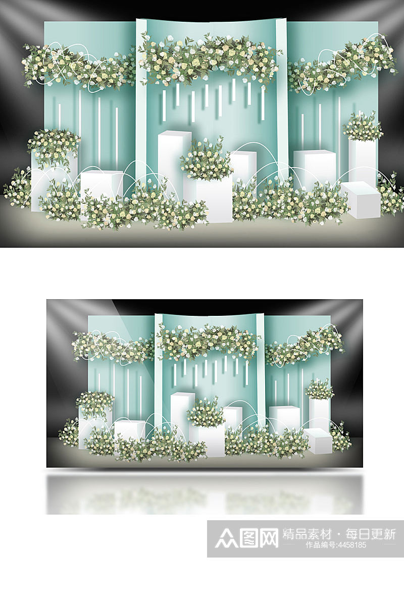绿色简约婚礼效果图设计梦幻清新舞台背景板素材
