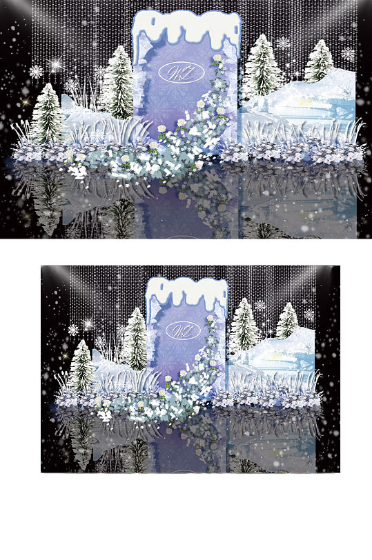 蓝色冰雪纯净水晶冷色调婚礼舞台效果图
