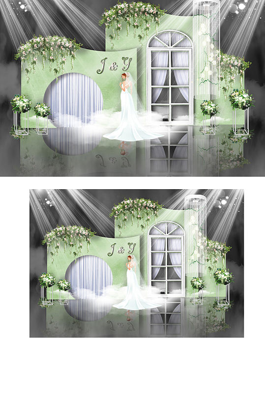 绿色森系婚礼效果图清新合影迎宾背景板-众图网