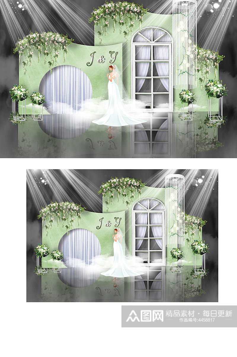 绿色森系婚礼效果图清新合影迎宾背景板素材