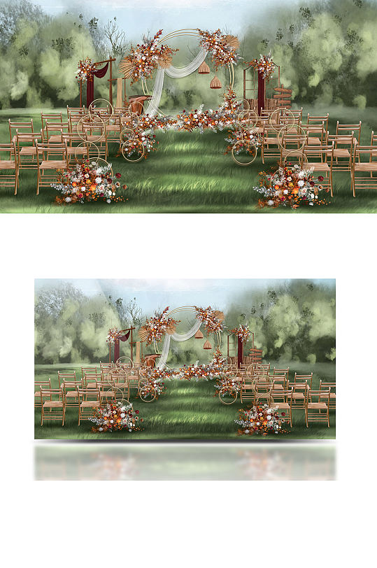 枫叶色原木系草坪婚礼效果图户外浪漫复古-众图网