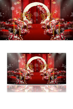 新中式婚礼效果图系列红金色舞台仪式区浪漫