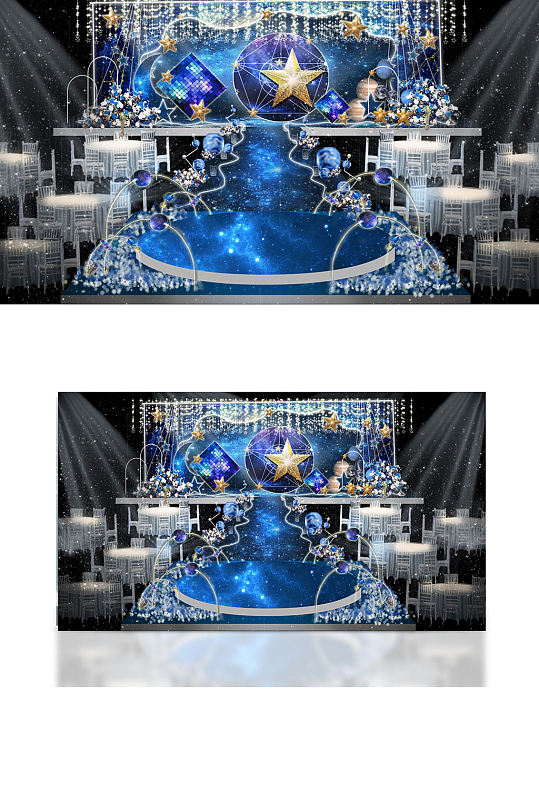 深邃蓝浪漫星空婚礼梦幻蓝色舞台仪式区-众图网