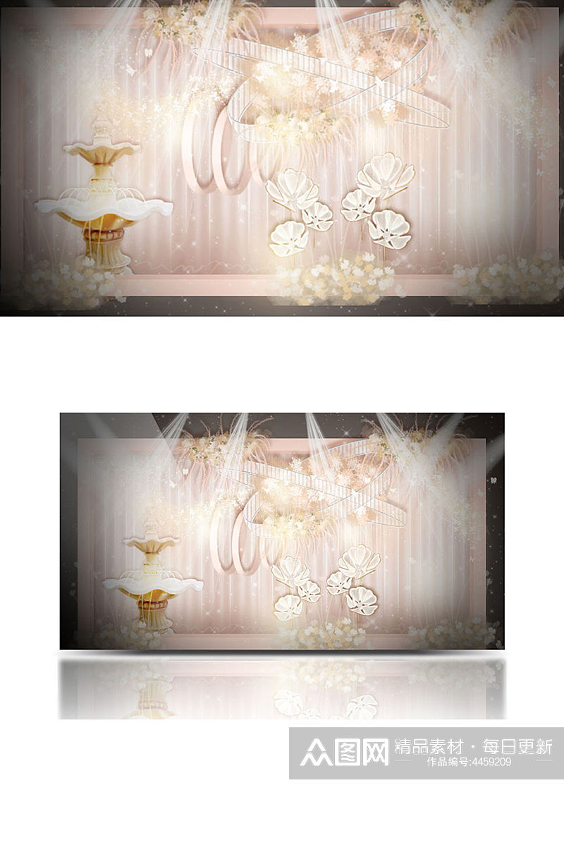 裸粉色婚礼迎宾区效果图香槟合影背景板素材