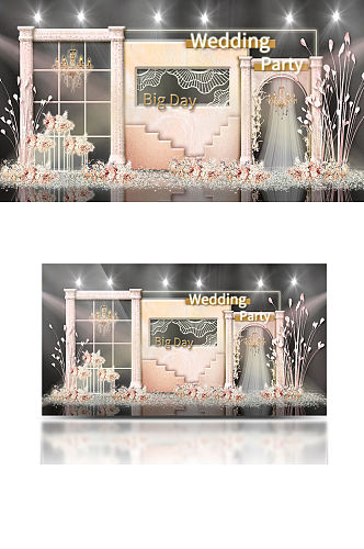 香槟色摩洛哥阶梯舞台拱门婚礼效果图背景板
