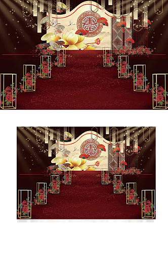 红色喜庆中式婚礼效果图舞台仪式区大气