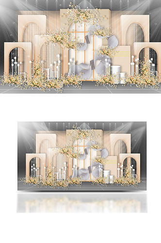 大气香槟色婚礼迎宾区效果图合影背景板