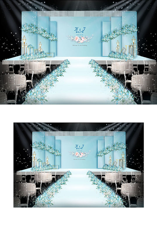 小清新蓝色婚礼迎宾区效果图唯美舞台仪式区-众图网
