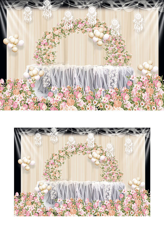 香槟色金色婚礼甜品区清新签到区迎宾背景板-众图网